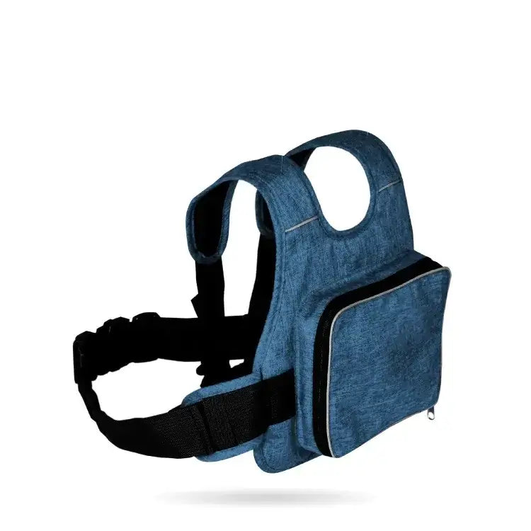 Blue denim-style toddler walker harness with black adjustable straps and a front zippered pocket.