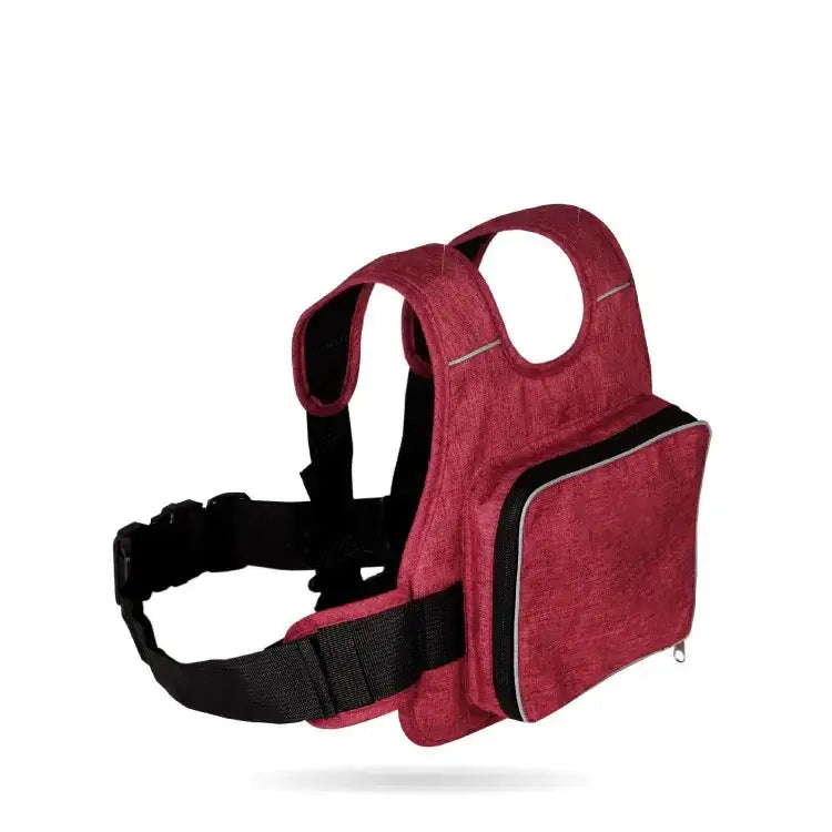 Red textured fabric toddler walker harness with black adjustable straps and silver zipper accents.
