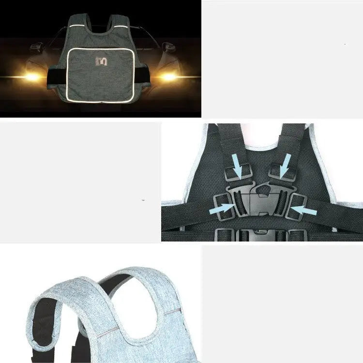 Gray textured fabric baby carrier with black adjustable straps and buckle closures.