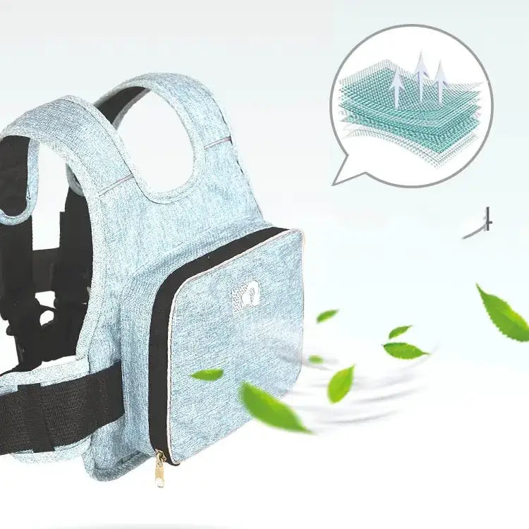 Light blue denim-textured baby carrier with black straps and a front zippered pocket.