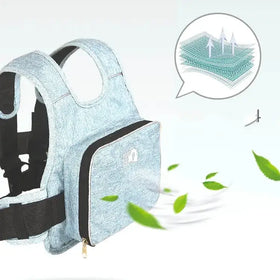 Light blue denim-textured baby carrier with black straps and a front zippered pocket.
