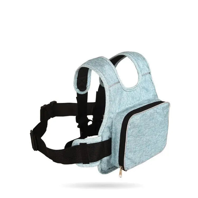 Light blue denim-textured baby carrier with black adjustable straps and a front zippered pocket.
