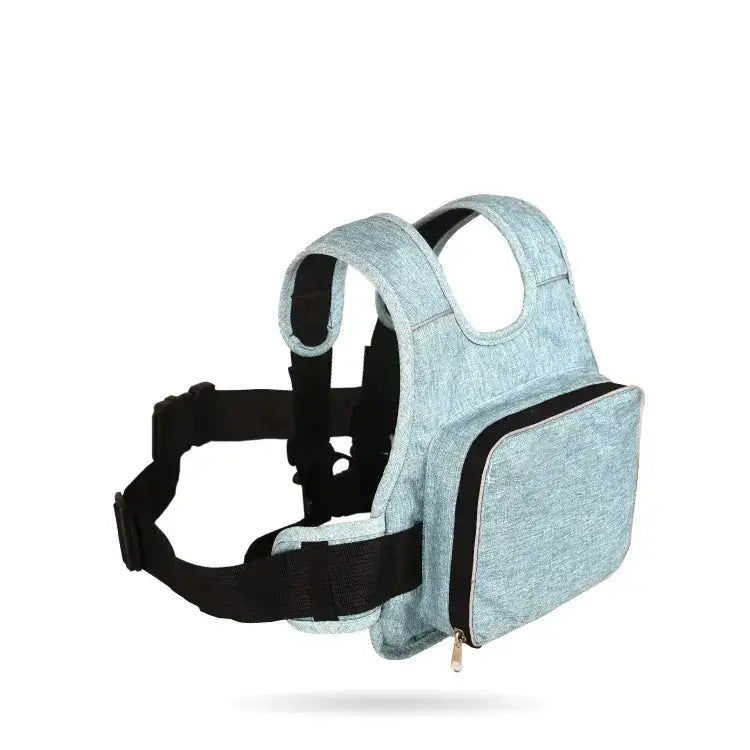 Light blue heathered fabric baby carrier with black adjustable straps and a front zippered pocket.