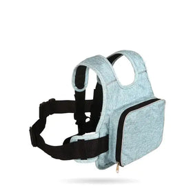 Light blue heathered fabric baby carrier with black adjustable straps and a front zippered pocket.