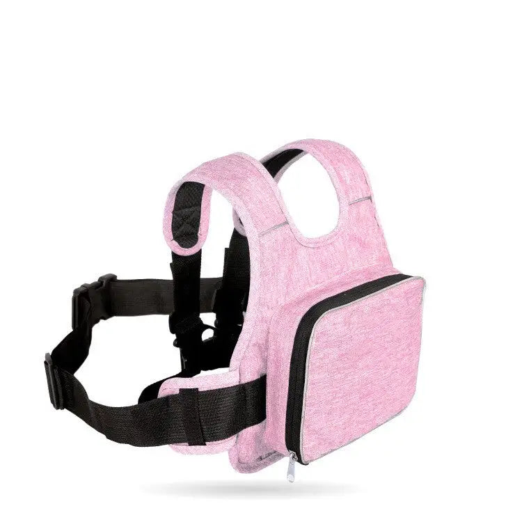 Pink textured fabric toddler walker with black adjustable straps and a zippered front pocket.