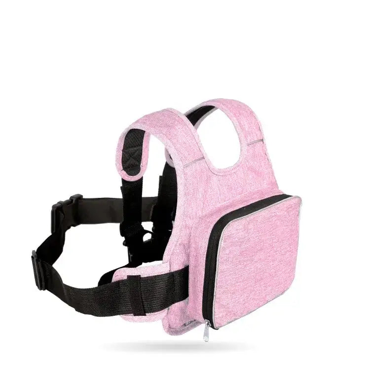 Pink textured fabric toddler walker with black adjustable straps and a front zippered pocket.