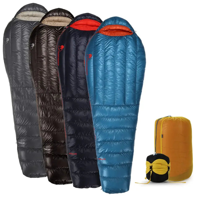 Blue quilted sleeping bag with orange-lined hood and red logo, shown alongside other color options.