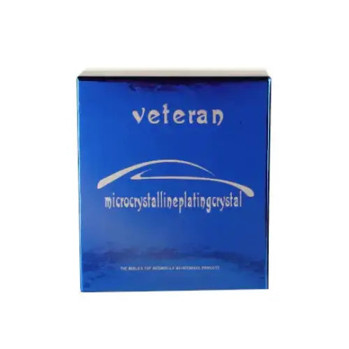 Blue rectangular box with silver text and logo, labeled ’veteran’ above a stylized car outline.