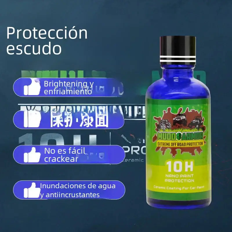 Blue glass bottle with black cap and green label featuring the muddarmor 10h nano paint protection product.
