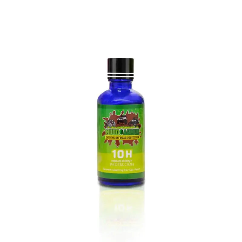 Blue glass bottle with black cap and green label featuring ’10h nano coating protection’ for extreme off-road use.