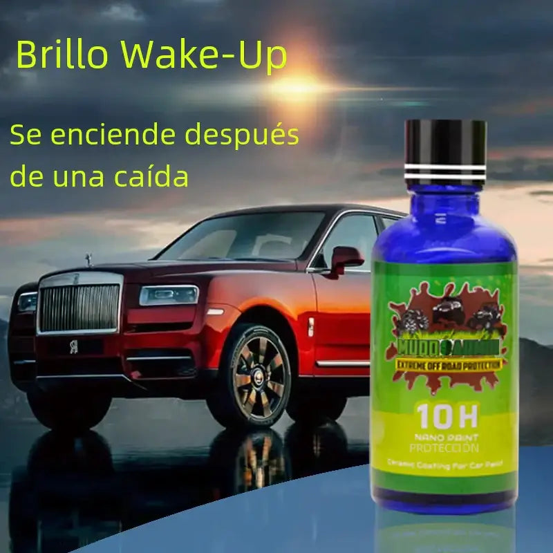 Blue glass bottle with green and yellow label featuring ’mudguard’ branding, nano diant protection for car paint.