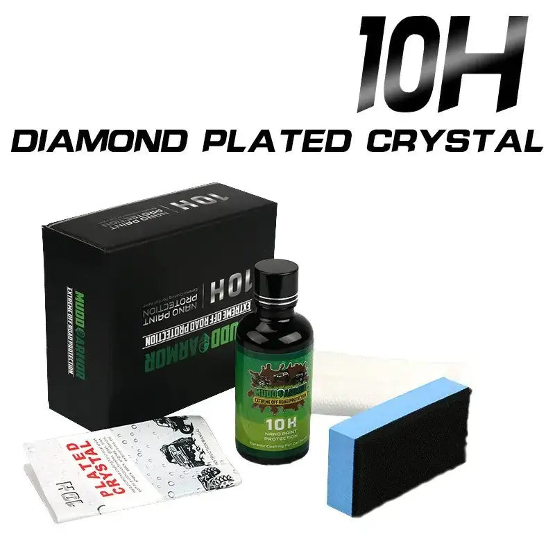 Black bottle with green label and silver cap, featuring ’10h diamond plated crystal’ text.