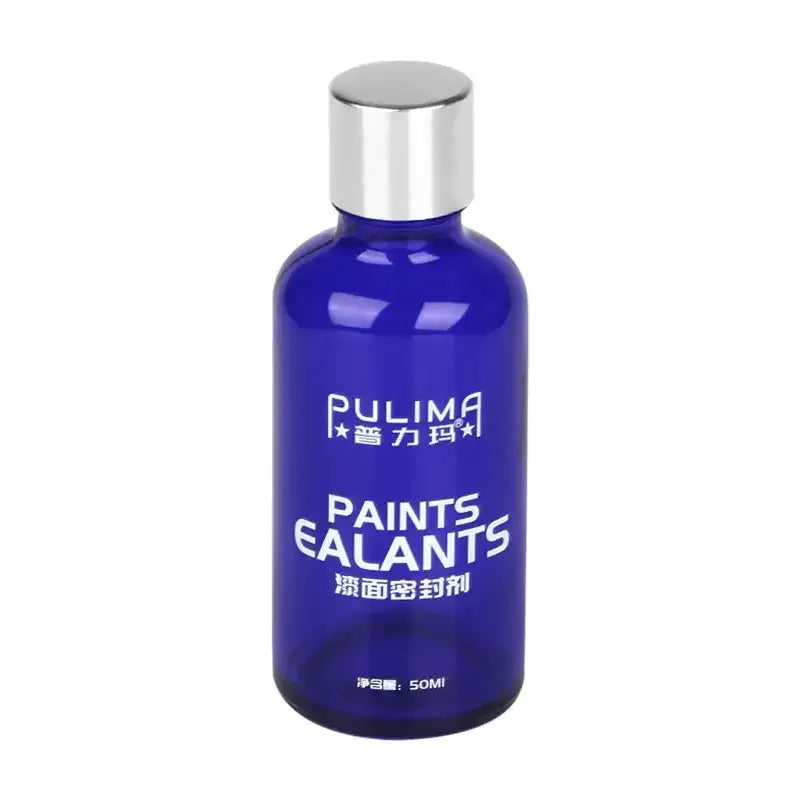 A sleek cobalt blue glass bottle with a silver cap, labeled ’pulima’ and marked as containing 50ml of paint sealant.