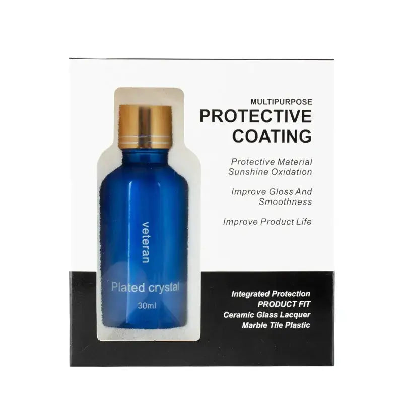 A sleek blue glass bottle with a gold cap, labeled ’veteran plated crystal 30ml,’ contains multipurpose protective coating for various surfaces.