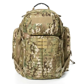 Multicam-patterned tactical backpack with reinforced mesh and webbing panels.