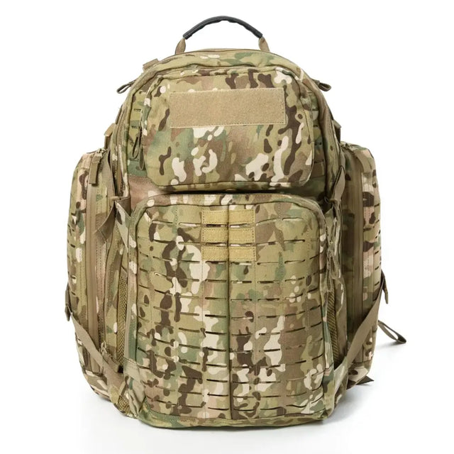 Multicam-patterned tactical backpack with reinforced mesh and webbing panels.