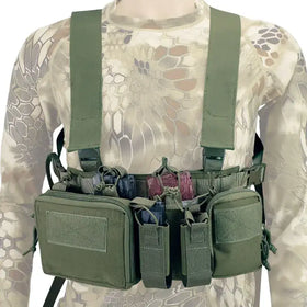 Olive green tactical chest rig with multiple pouches and adjustable straps.