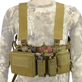Tan tactical chest rig with multiple pouches and adjustable straps.