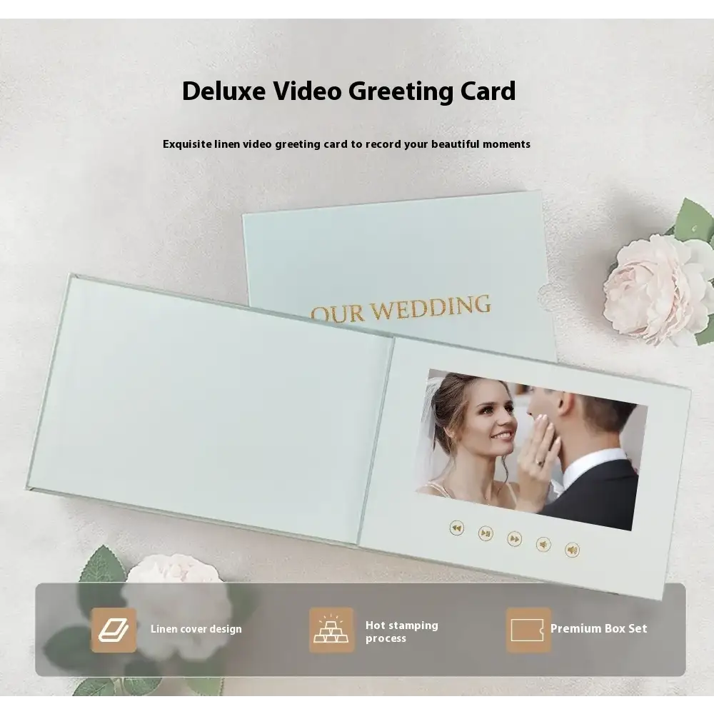 Light blue linen-covered deluxe video greeting card with a built-in screen displaying a wedding video.