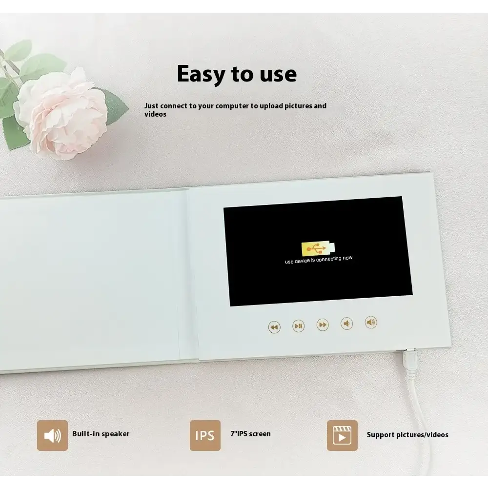 White digital photo frame with a 7-inch ips screen displaying a usb connection message, featuring built-in speaker and control buttons.