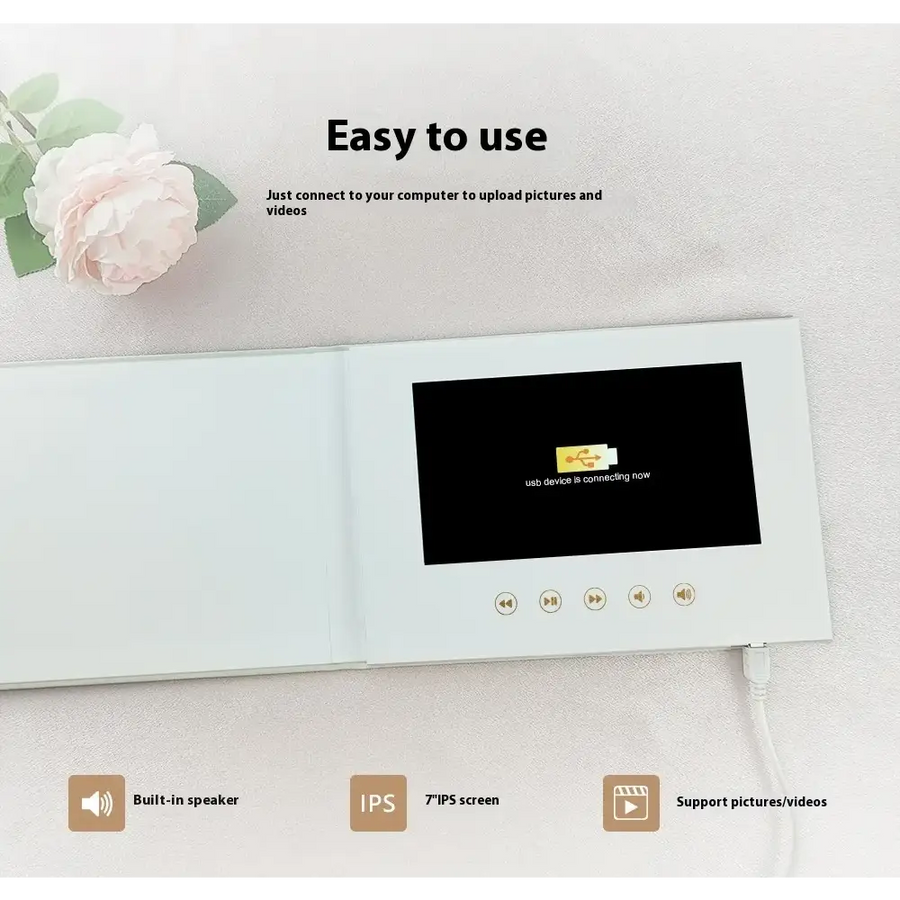 White digital photo frame with a 7-inch ips screen displaying a usb connection message, featuring built-in speaker and control buttons.