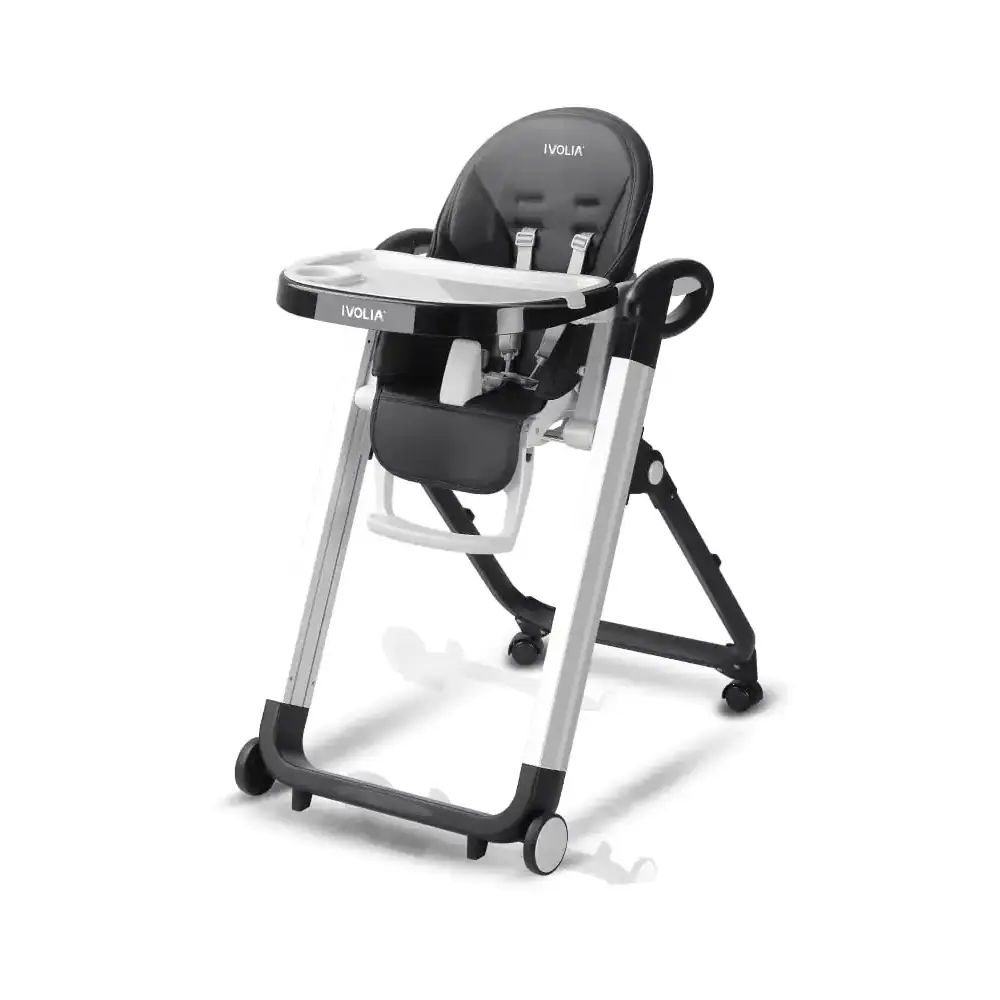 Black and silver ivolia high chair with a padded seat, adjustable tray, and wheels.