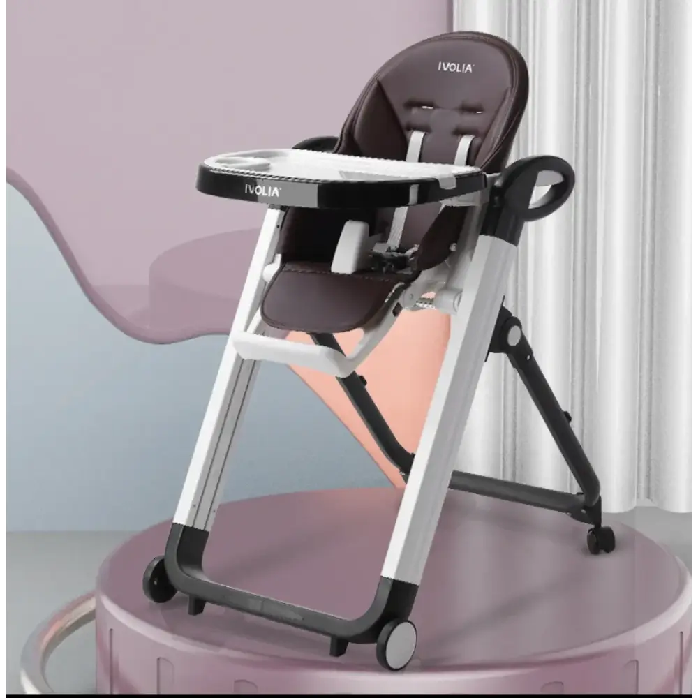 Brown and black ivolia brand baby high chair with a sleek, modern design featuring padded seating, adjustable tray, and wheels for mobility.