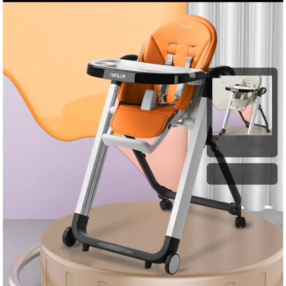 Orange upholstered high chair with black and silver metal frame, featuring a tray and wheels.