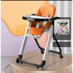 Orange upholstered high chair with black and silver metal frame, featuring a tray and wheels.