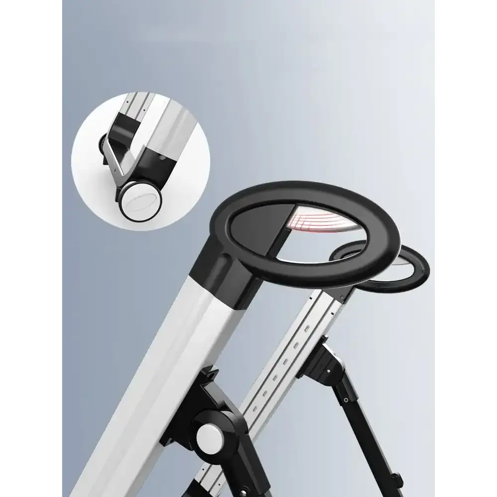 Silver and black adjustable standing desk with a circular handle grip.
