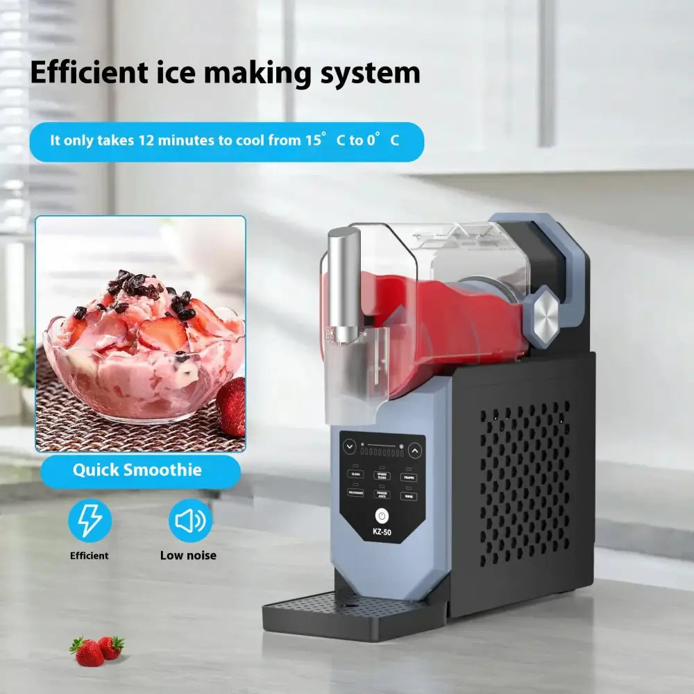 Modern black and silver kz-50 ice cream maker with a transparent red mixing chamber.
