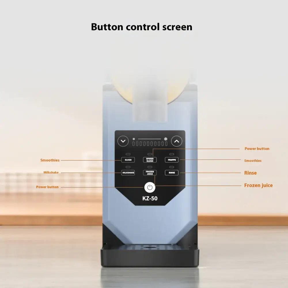 Light blue kz-50 smoothie and frozen drink maker with a black control panel featuring labeled buttons for various beverage options.
