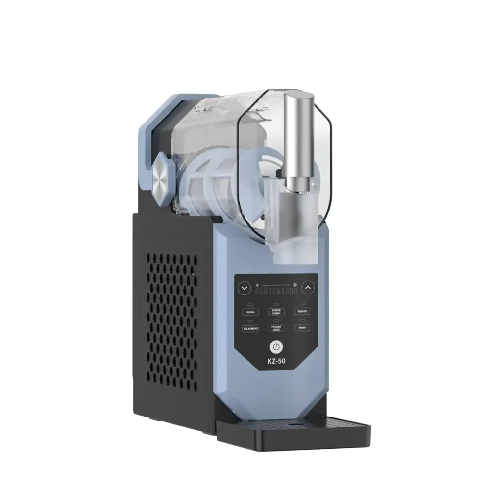 Modern light blue and black countertop frozen dessert machine with a transparent lid, silver metallic spout, and digital control panel.