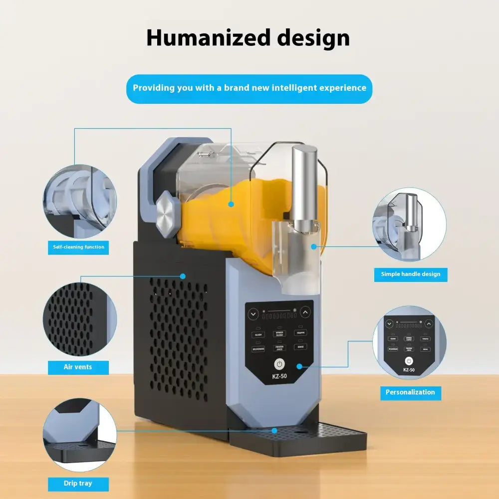 Modern kz-50 frozen drink machine with a sleek black and silver body, transparent yellow liquid reservoir, and digital control panel.