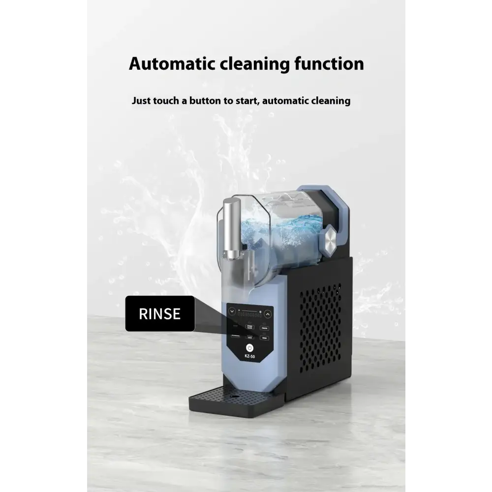 Modern black and light blue automatic ice maker with transparent water tank, digital control panel, and perforated side vents.