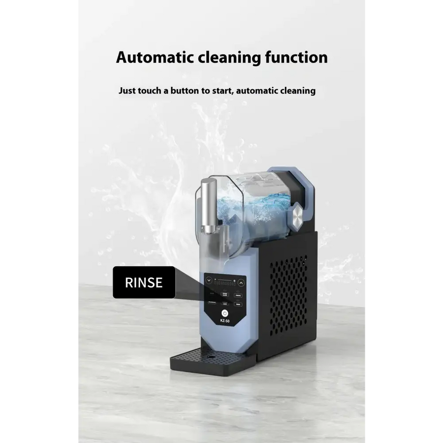 Modern black and light blue automatic ice maker with transparent water tank, digital control panel, and perforated side vents.