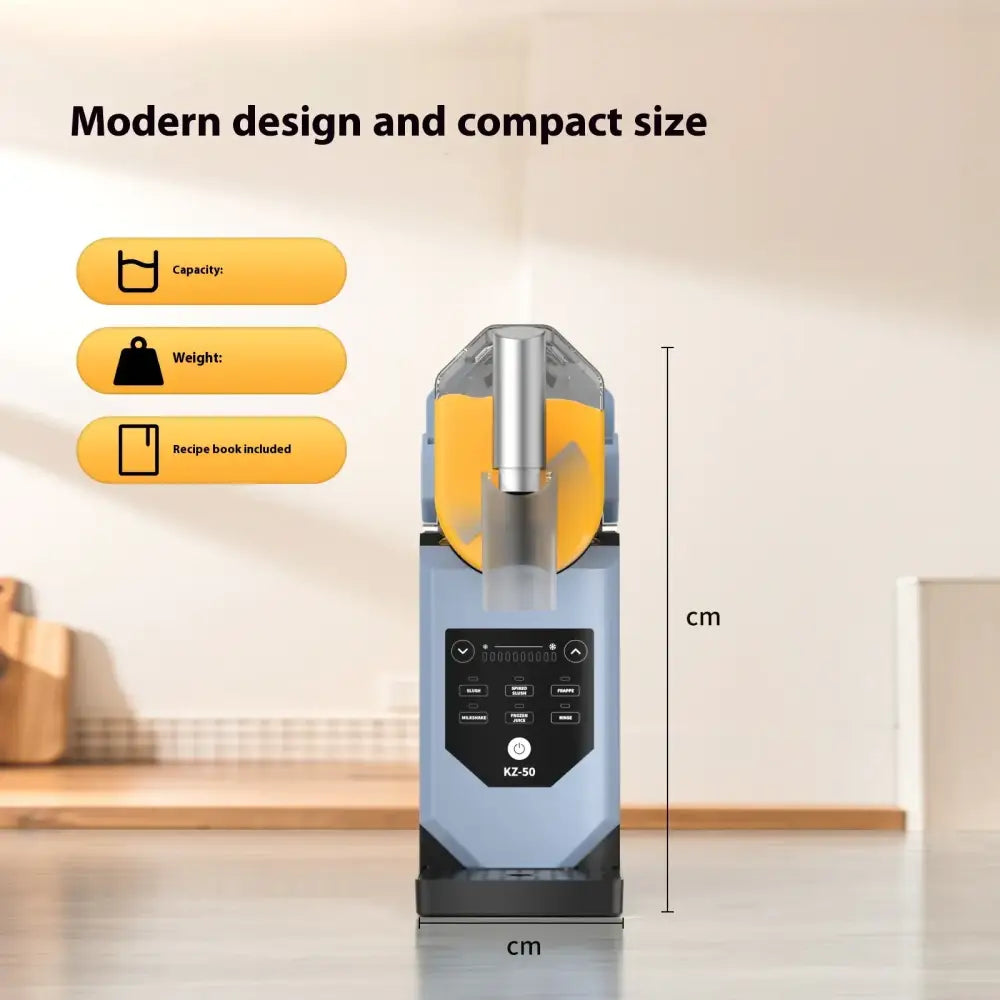 Compact, modern kz-50 blender with a sleek light blue body and transparent yellow lid.