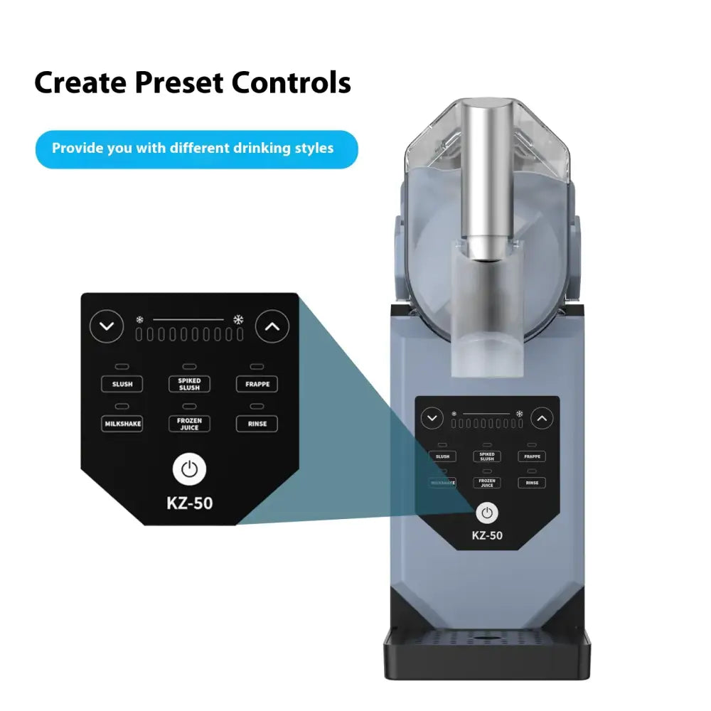Gray and black kz-50 frozen drink machine with a transparent top chamber, silver metallic spout, and digital control panel featuring preset buttons for various beverage styles.