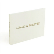 A cream-colored keepsake album with ’always & forever’ embossed in gold lettering on the cover.