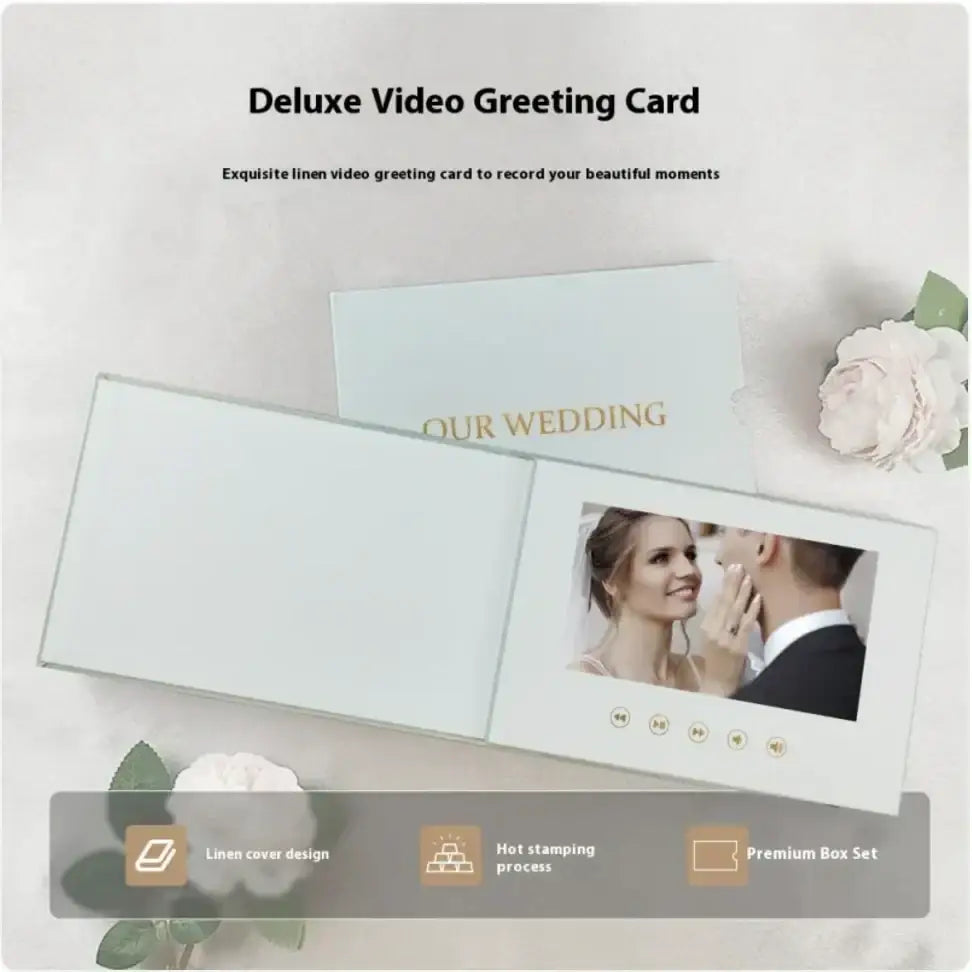 Deluxe video greeting card with a linen cover and gold hot-stamped ’our wedding’ text, featuring an embedded screen displaying a couple’s photo.