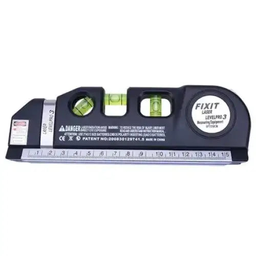 Black plastic level with a built-in laser and three vials, featuring a silver ruler along its length and the brand name ’fixit’ on a circular label.