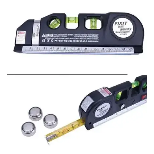 Black plastic level with built-in laser and measuring tape, featuring green vials for leveling accuracy