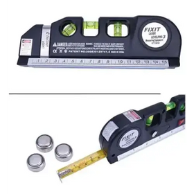 Black plastic level with built-in laser and measuring tape, featuring green vials for leveling accuracy