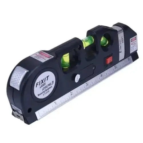 Black plastic fixit laser level 3 with green liquid-filled vials and a silver ruler along its side.