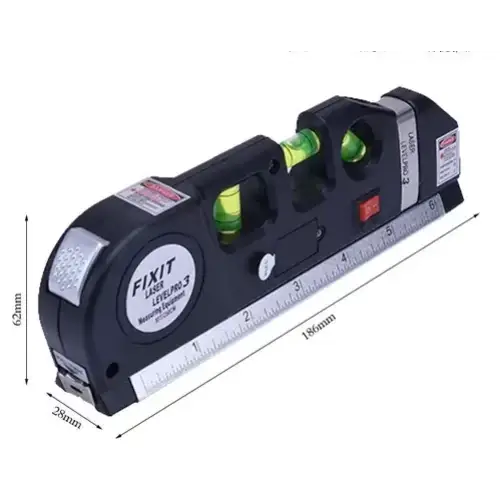 Black plastic fixit laser level pro 3 with green liquid-filled vials and a built-in ruler.