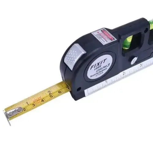 Black plastic fixit laser measure 3 with a yellow measuring tape and green laser dot.