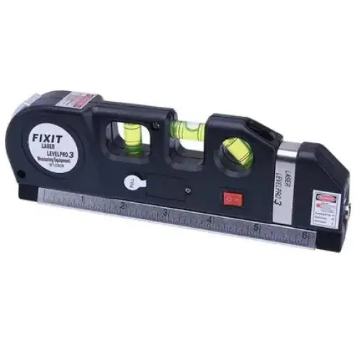 Black fixit levelpro 3 laser level with a built-in ruler and three green vials for precise alignment.