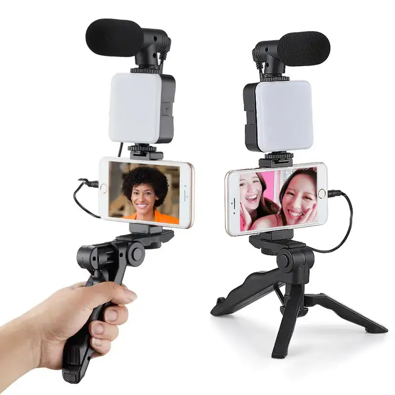 Black handheld and tripod-mounted smartphone video recording kits with built-in led lights and microphones