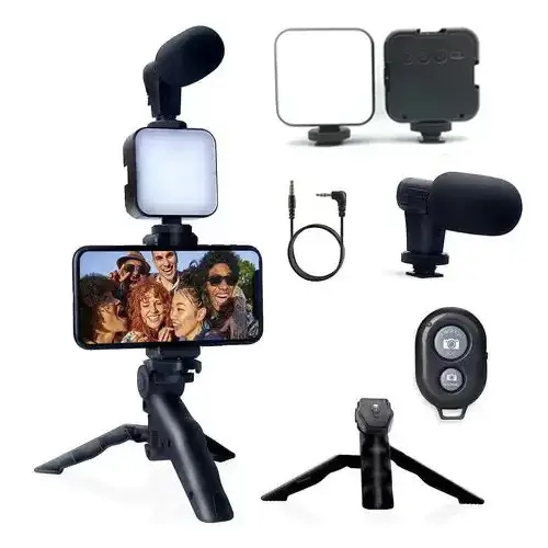 Black smartphone tripod with attached square led light and microphone for vlogging