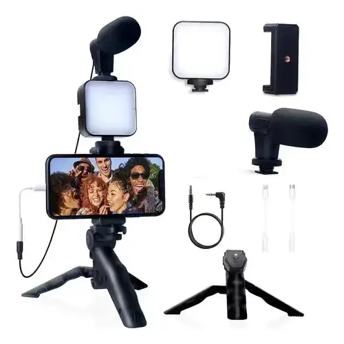 Black smartphone tripod with attached square led light and microphone for vlogging